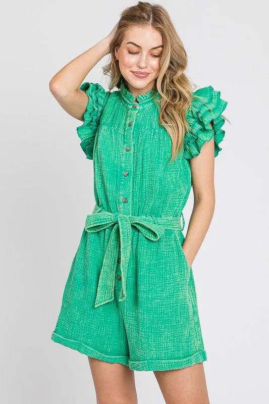 Green Mineral Wash Ruffle Sleeve Tie Waist Romper