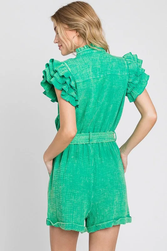 Green Mineral Wash Ruffle Sleeve Tie Waist Romper