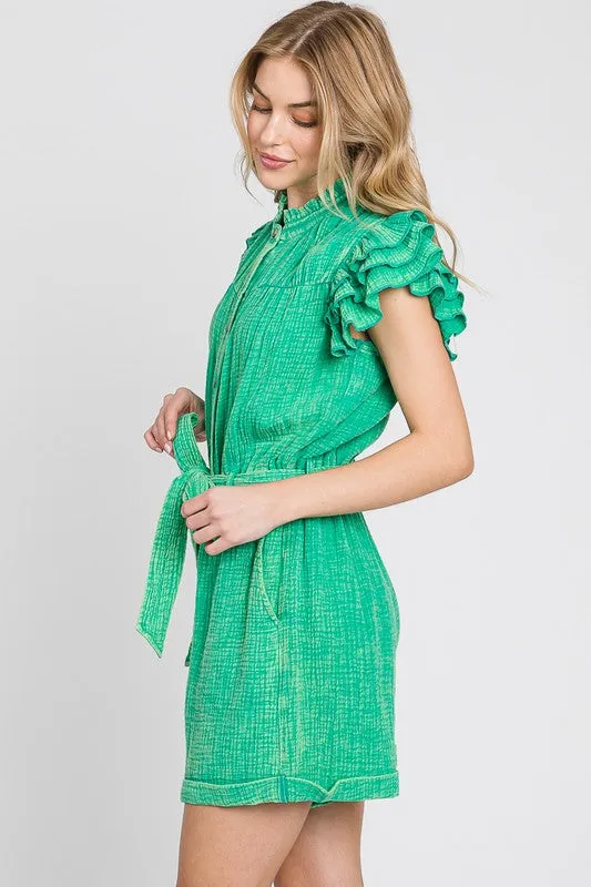 Green Mineral Wash Ruffle Sleeve Tie Waist Romper