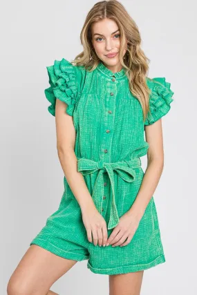 Green Mineral Wash Ruffle Sleeve Tie Waist Romper