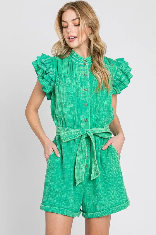 Green Mineral Wash Ruffle Sleeve Tie Waist Romper