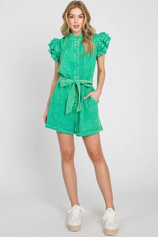 Green Mineral Wash Ruffle Sleeve Tie Waist Romper