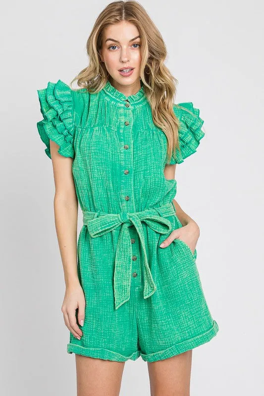 Green Mineral Wash Ruffle Sleeve Tie Waist Romper