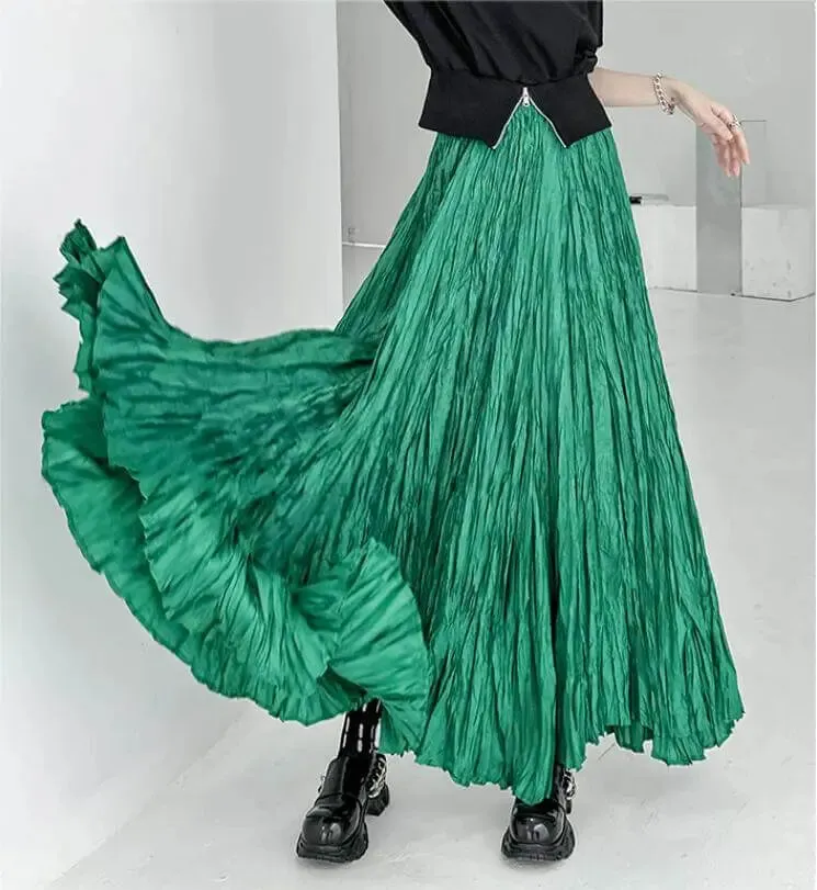 Green Pleated High Waist A-Line Swing Skirt for Summer Fashion