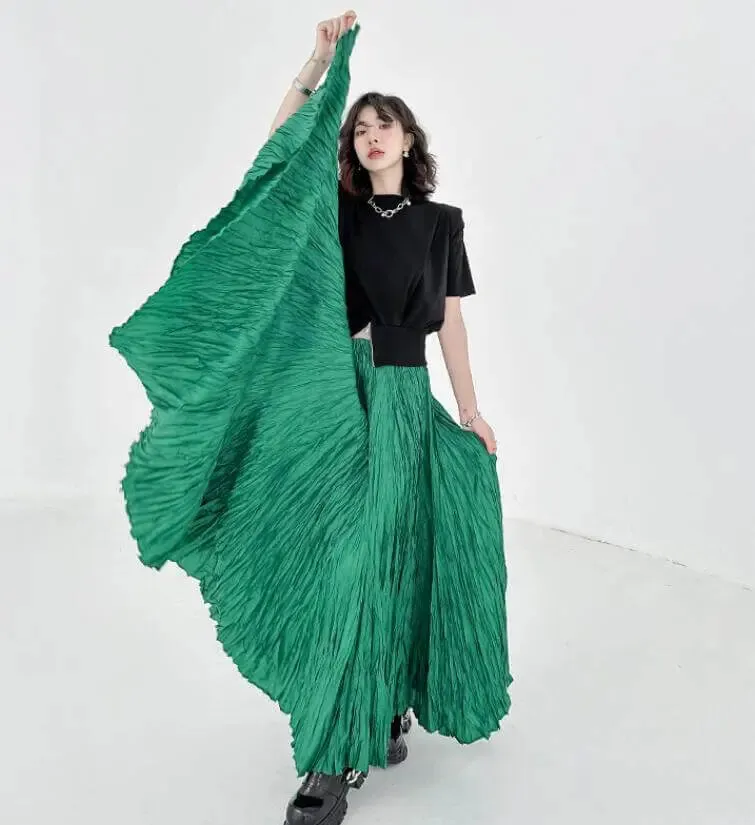 Green Pleated High Waist A-Line Swing Skirt for Summer Fashion