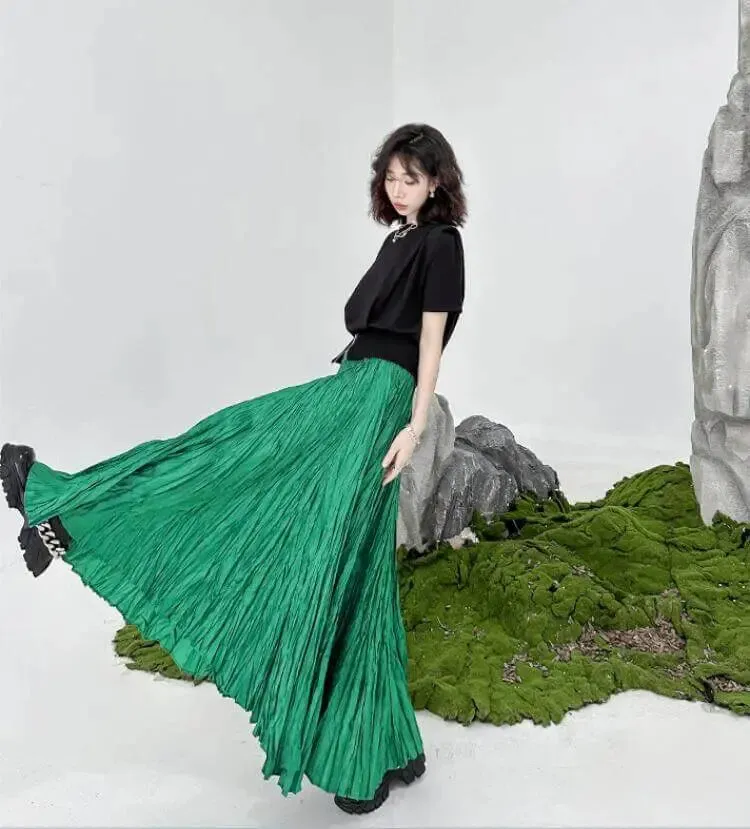 Green Pleated High Waist A-Line Swing Skirt for Summer Fashion