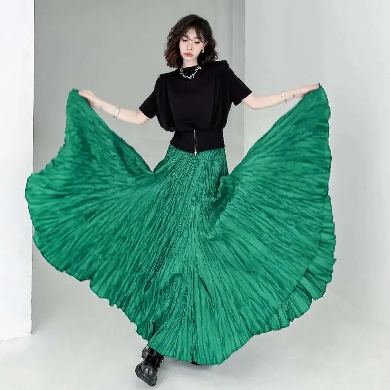 Green Pleated High Waist A-Line Swing Skirt for Summer Fashion