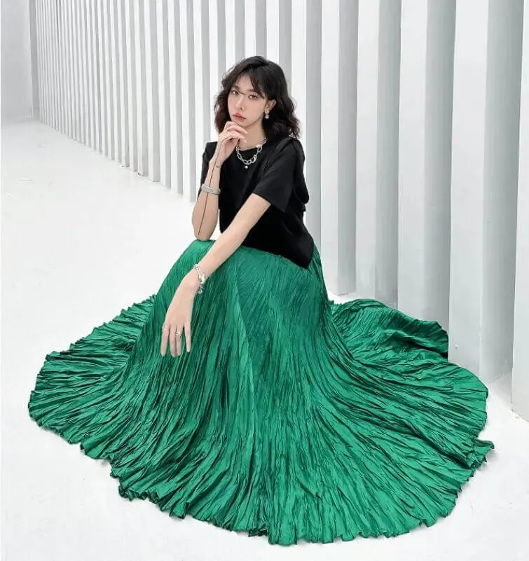 Green Pleated High Waist A-Line Swing Skirt for Summer Fashion