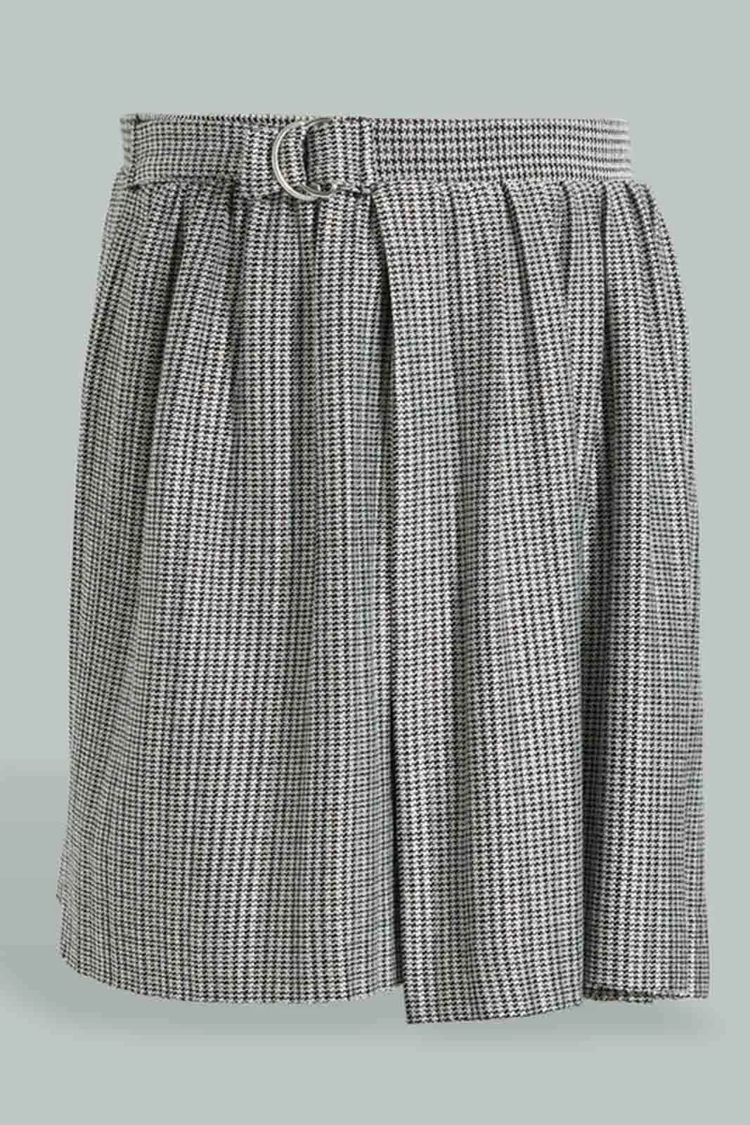 Grey And Black Tweed Pleated Skirt