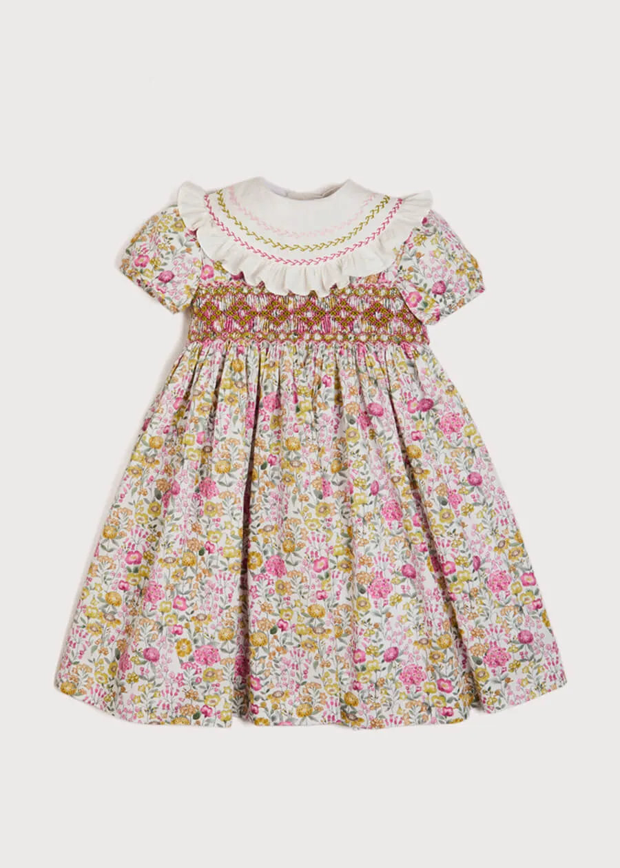 Hand Smocked Floral Bib Collar Dress in Pink (12mths-10yrs)