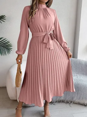 High Neck Long Sleeve Pleated Dress