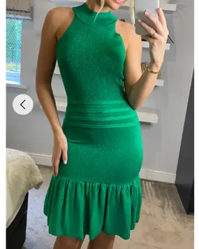 High Neck Pleated Metallic Dress Knee Length In Green