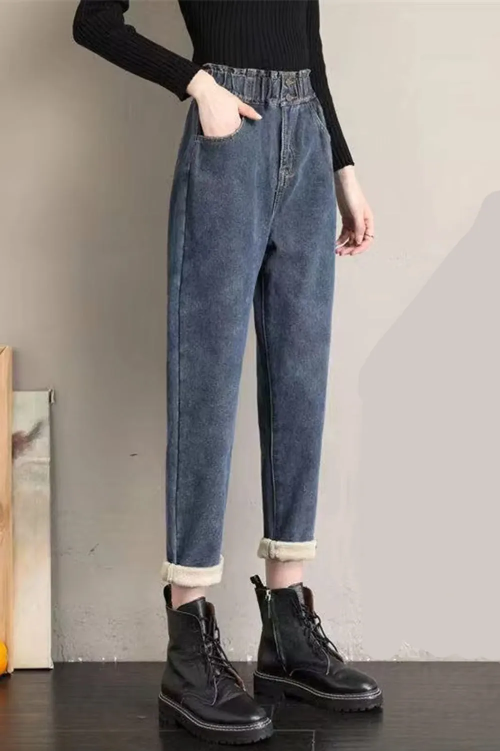 High Waist Ankle Length Fleece Side Jeans Pants