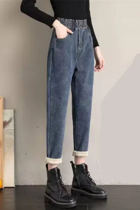 High Waist Ankle Length Fleece Side Jeans Pants