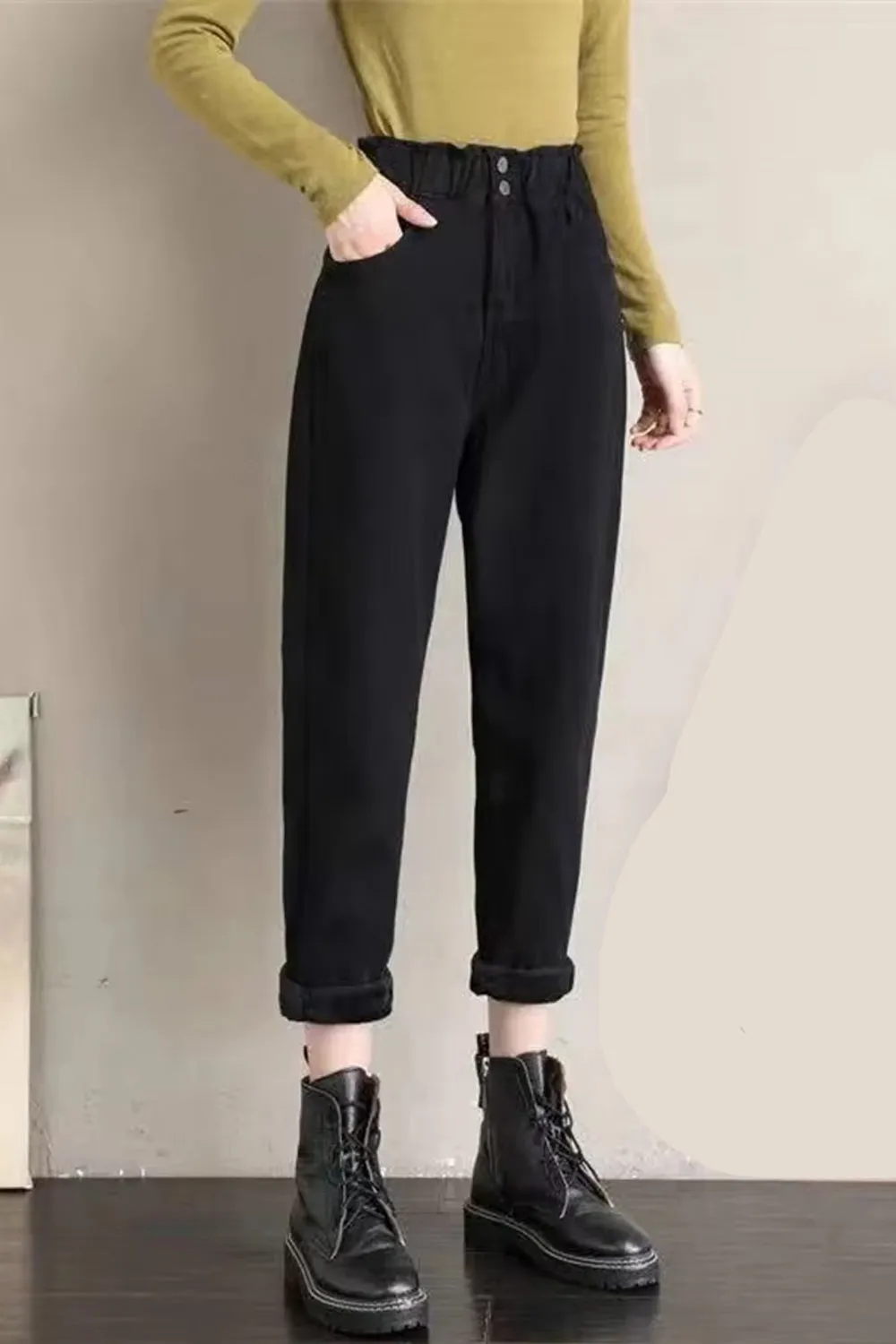 High Waist Ankle Length Fleece Side Jeans Pants