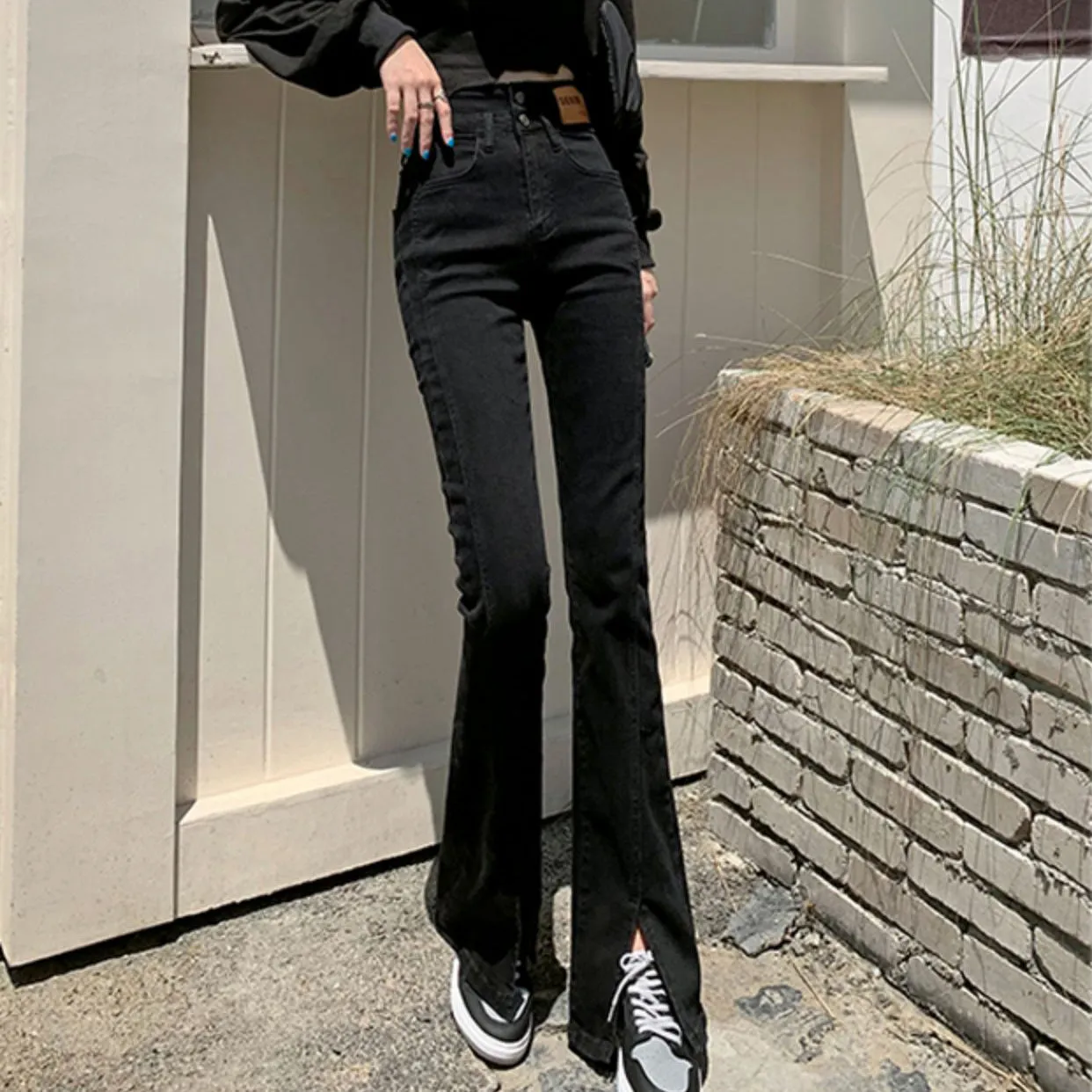 High Waist Slit Jeans Straight Leg Pants