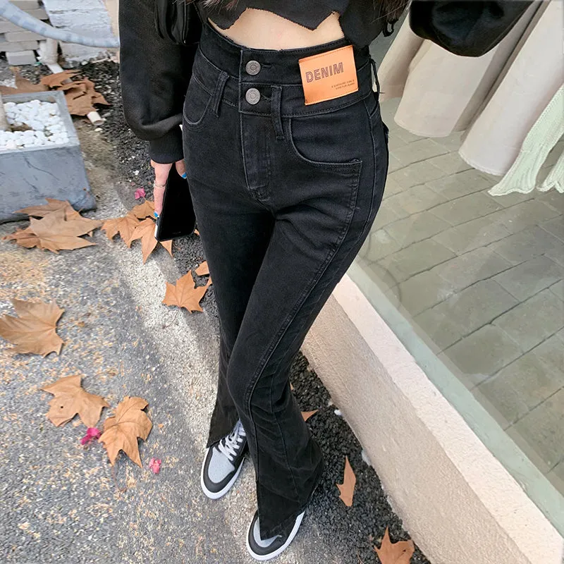 High Waist Slit Jeans Straight Leg Pants