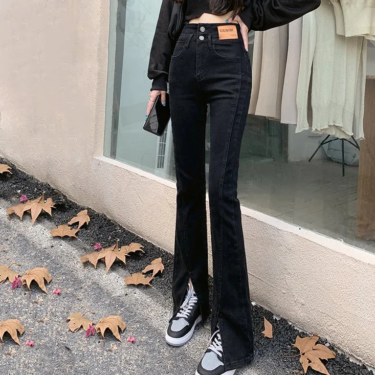 High Waist Slit Jeans Straight Leg Pants