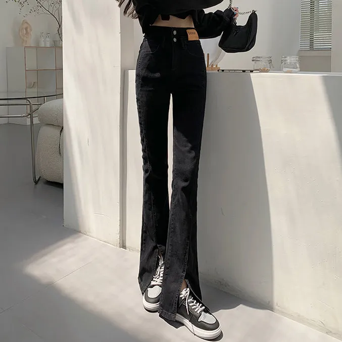 High Waist Slit Jeans Straight Leg Pants