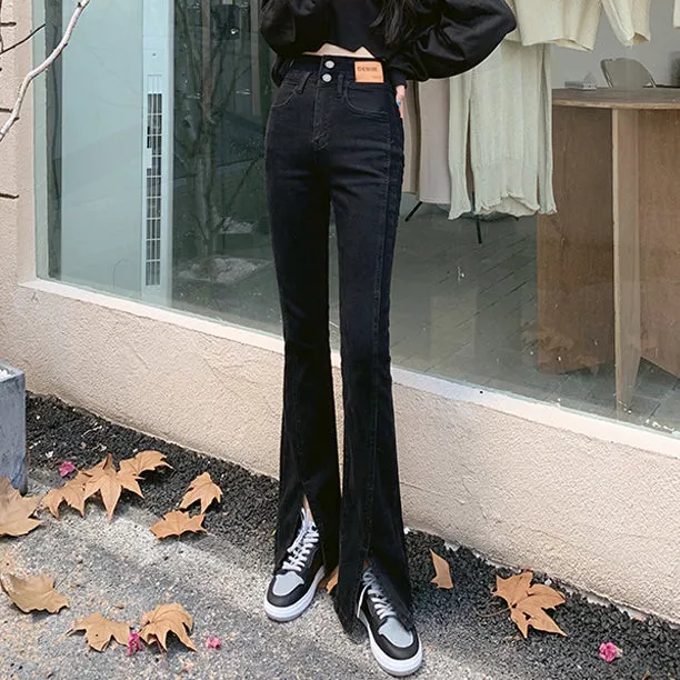 High Waist Slit Jeans Straight Leg Pants