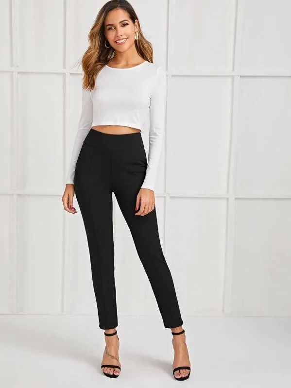 High Waist Solid Wide Waistband Slant Pocket Pants