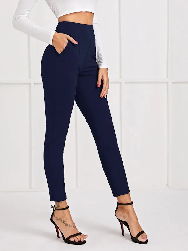 High Waist Solid Wide Waistband Slant Pocket Pants