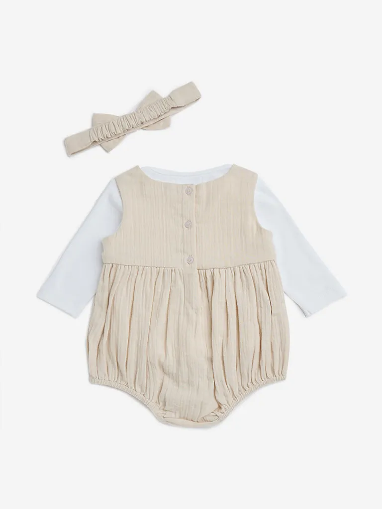 HOP Baby Beige Textured Romper, Cotton T-Shirt and Headband Set