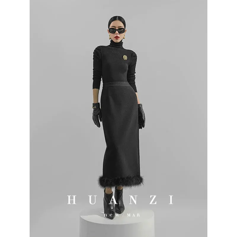 Huanzi custom ostrich black long pencil high-waisted skirt - Jei