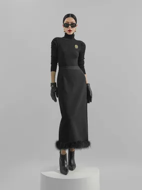 Huanzi custom ostrich black long pencil high-waisted skirt - Jei