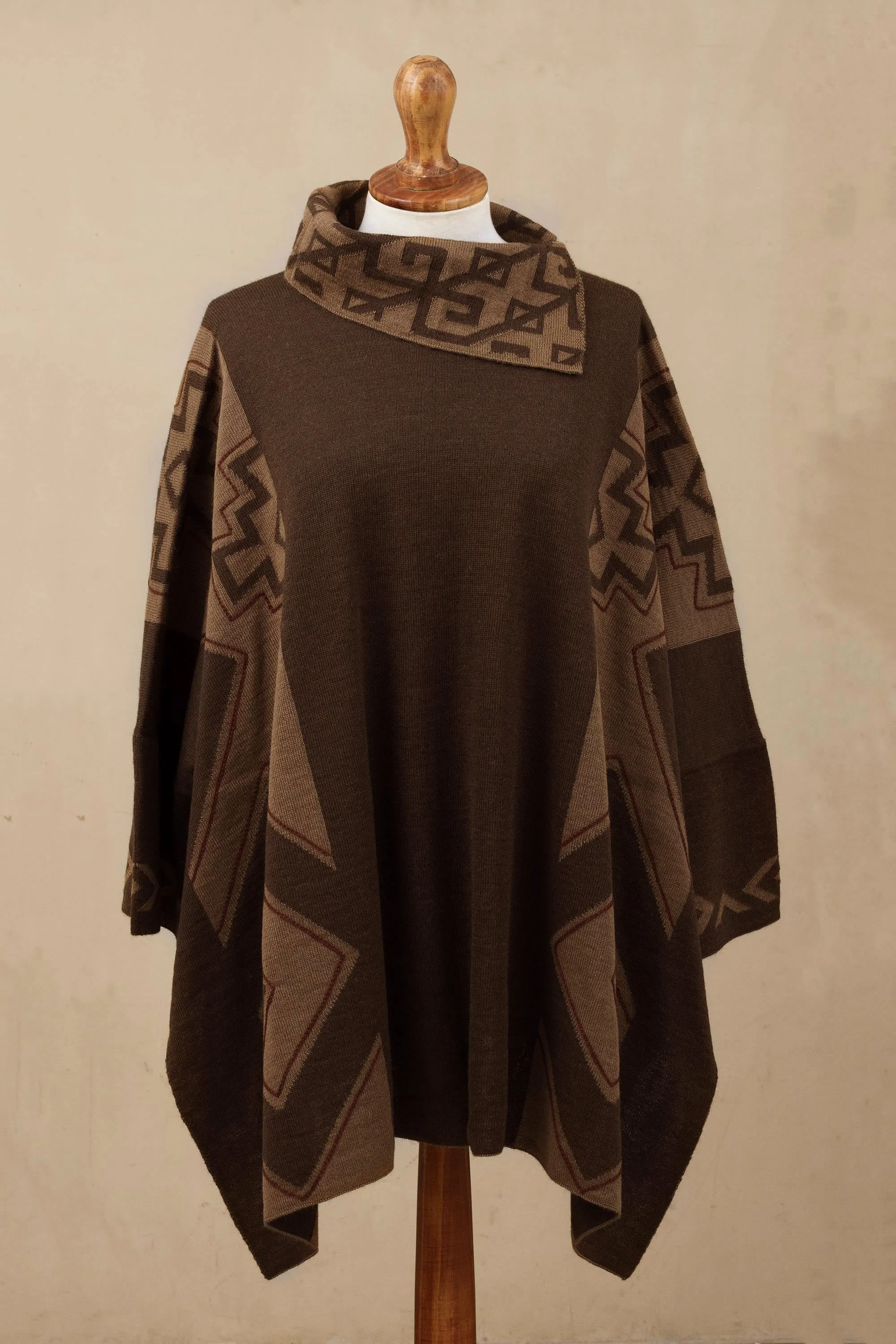 Inca Style Mahogany and Burnt Sienna Alpaca Blend Poncho from Peru