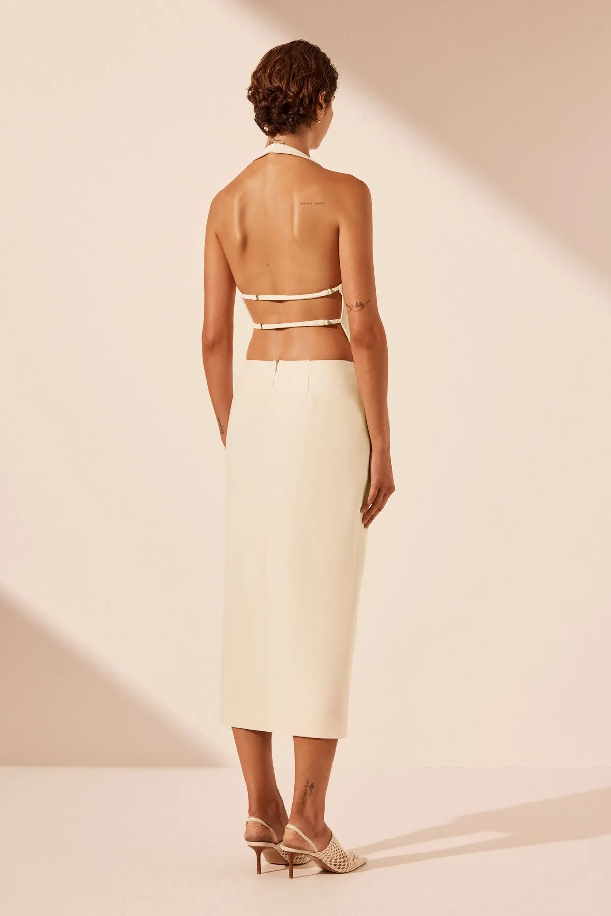 IRENA ASYMMETRICAL SIDE SPLIT MIDI SKIRT - RICE