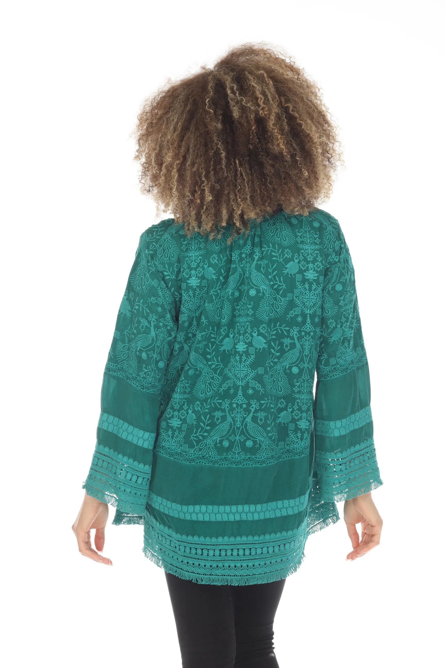 Johnny Was Peacock Island Embroidered Fringe Trim Tunic Top Boho Chic C27723 *