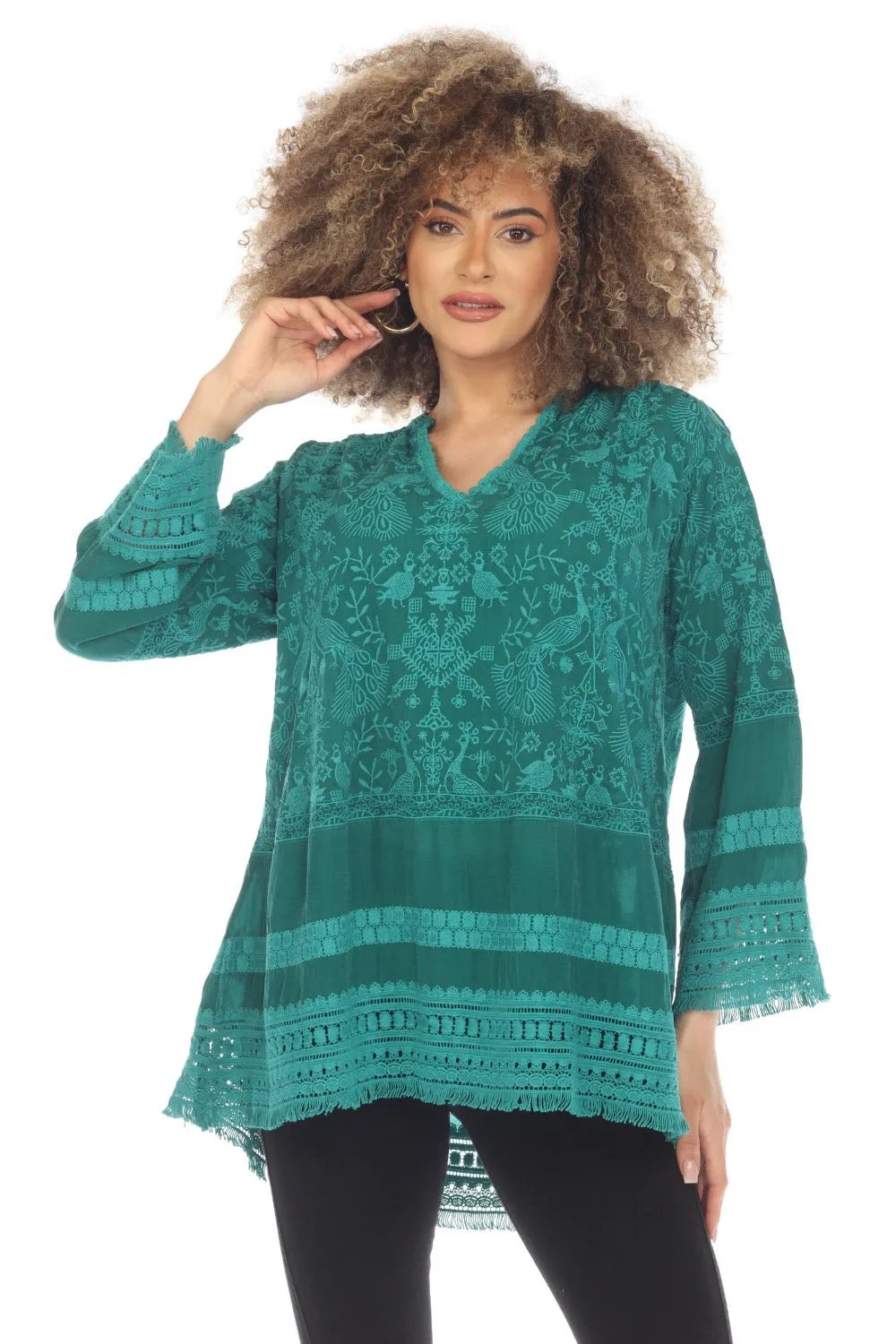 Johnny Was Peacock Island Embroidered Fringe Trim Tunic Top Boho Chic C27723 *