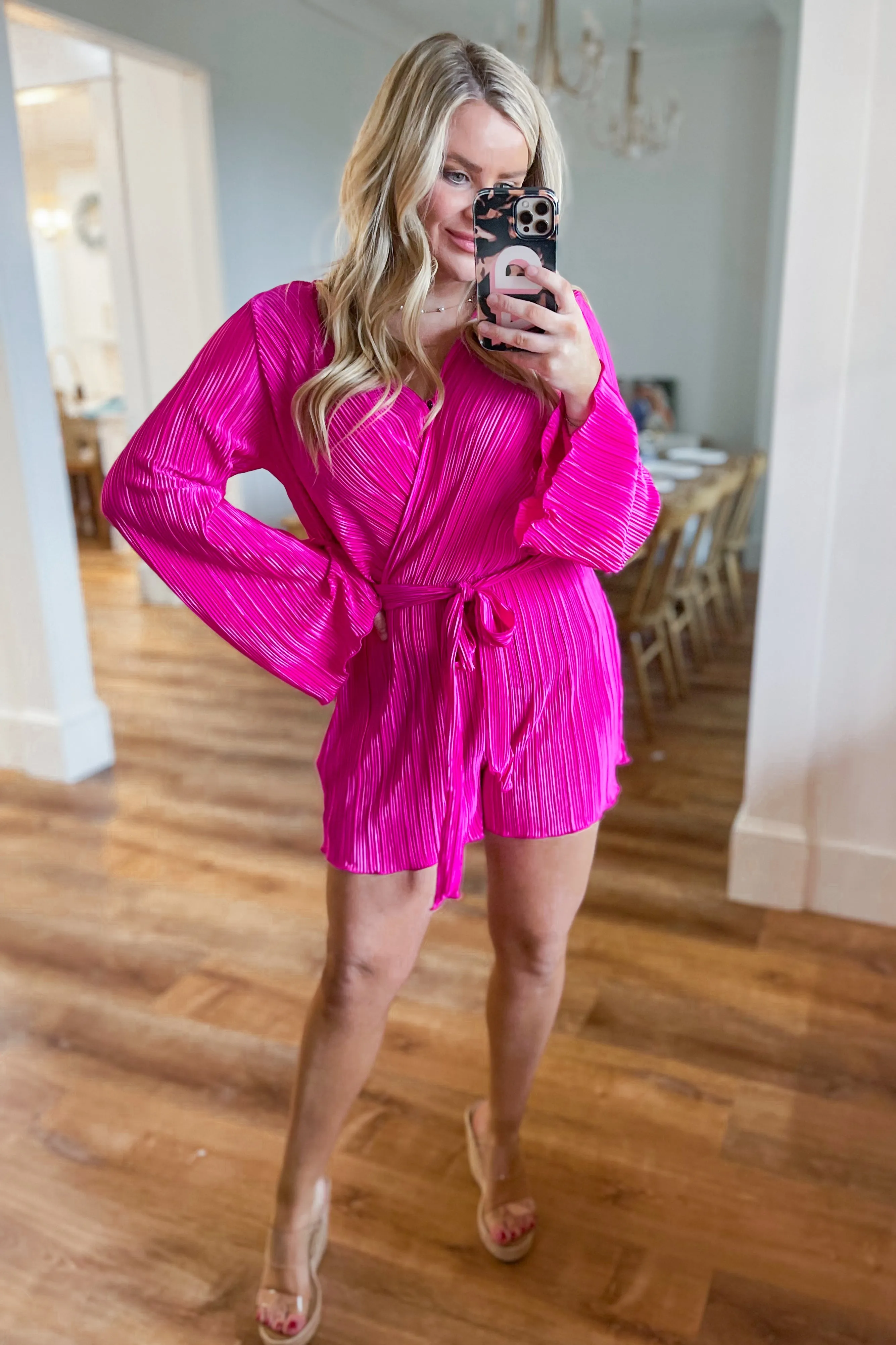 Julian Long Sleeve V Neck Pleated Satin Romper  *FINAL SALE*