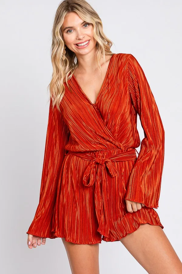 Julian Long Sleeve V Neck Pleated Satin Romper *FINAL SALE*