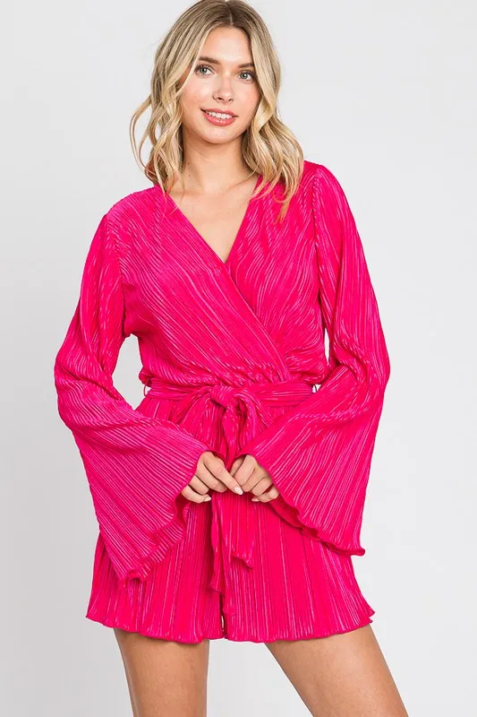 Julian Long Sleeve V Neck Pleated Satin Romper  *FINAL SALE*