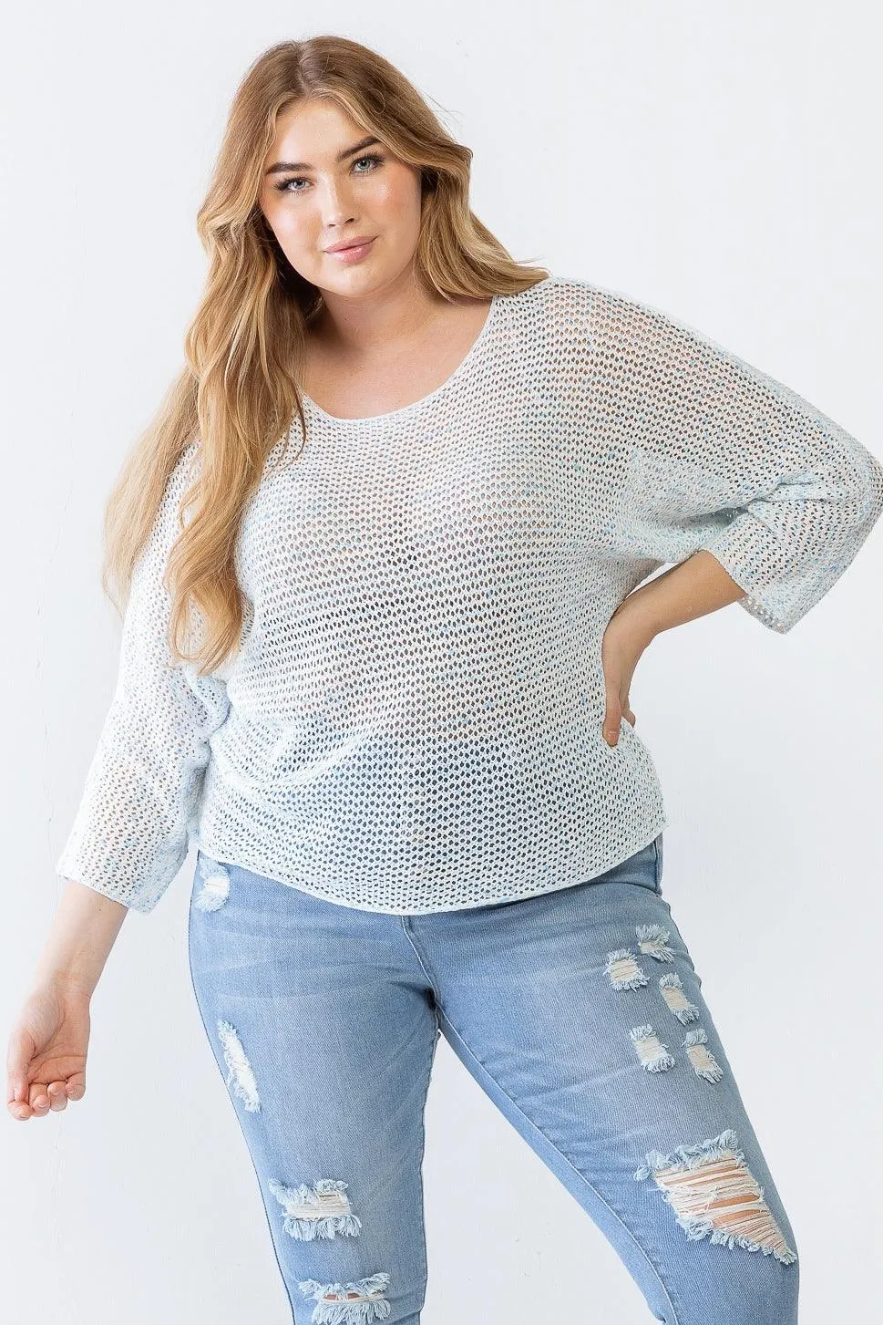 Junior Plus Blue & White Long Sleeve Relax Knit Top /3-2-1