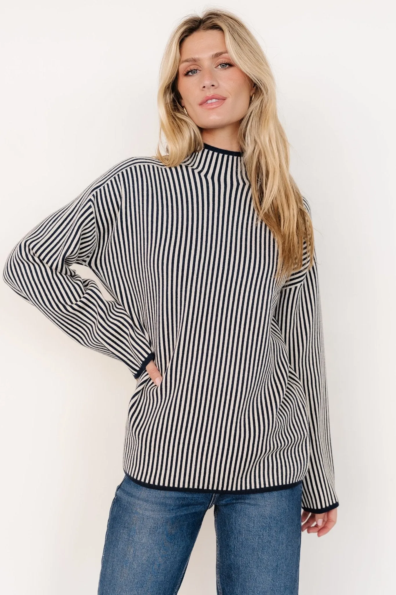 Kat Mock Neck Sweater | Navy Stripe