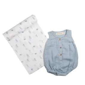 Masilo Organic Cotton Muslin Classic Snuggle Set (Romper and Swaddle) - Sea Breeze