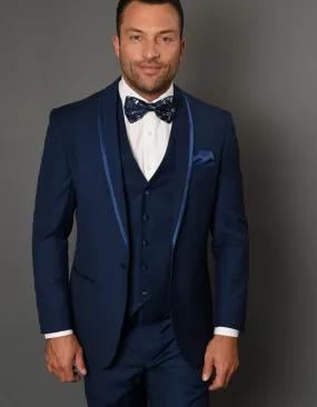 Mens One Button Satin Trim Shawl Tuxedo in Indigo Wool