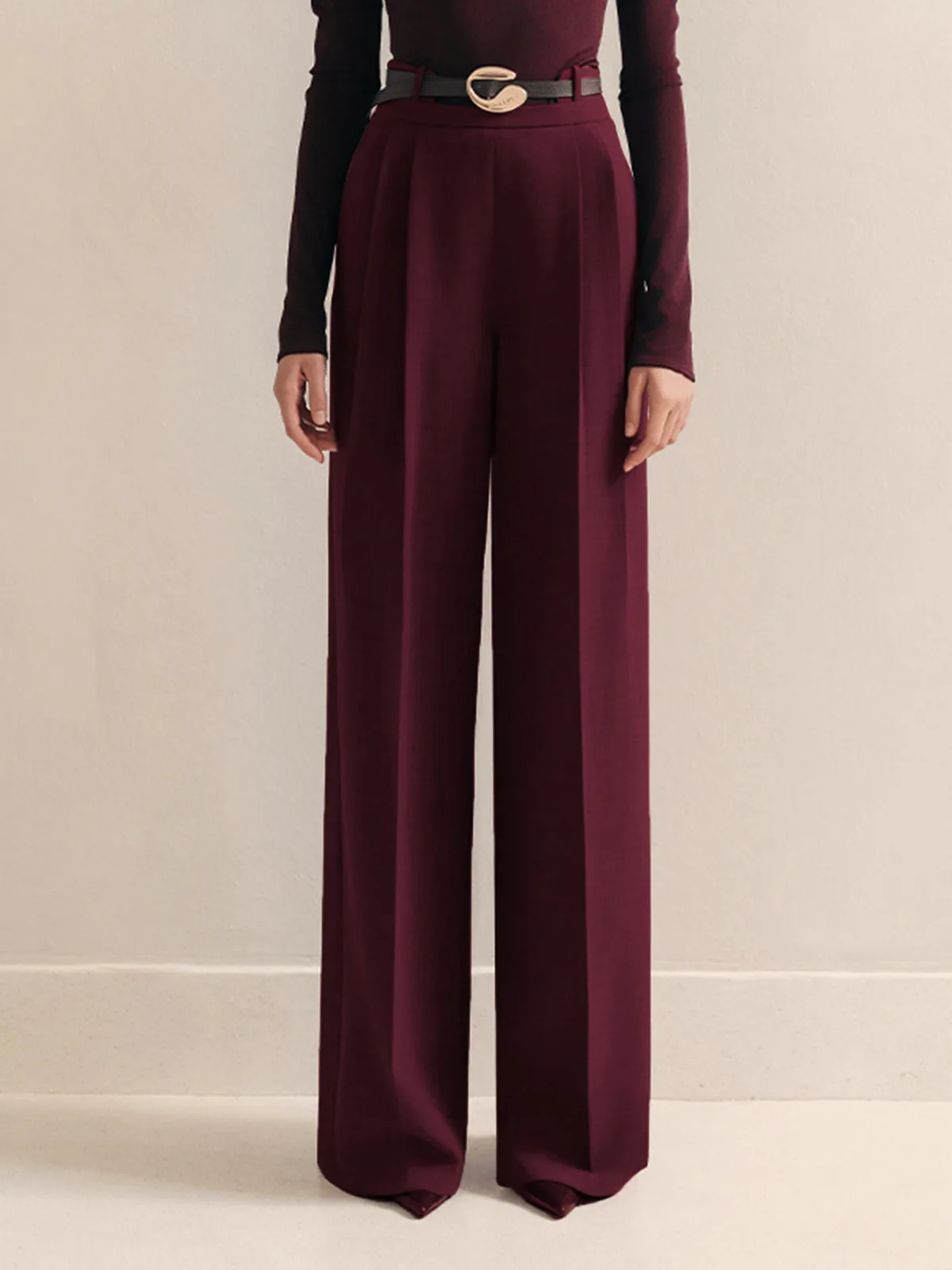 Metal-Belt Pleated High-Waist Pants