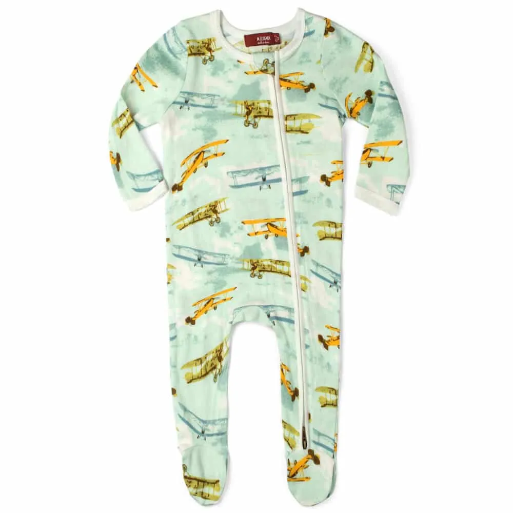 MilkBarn Kids Organic Zipper Footed Romper | Vintage Planes