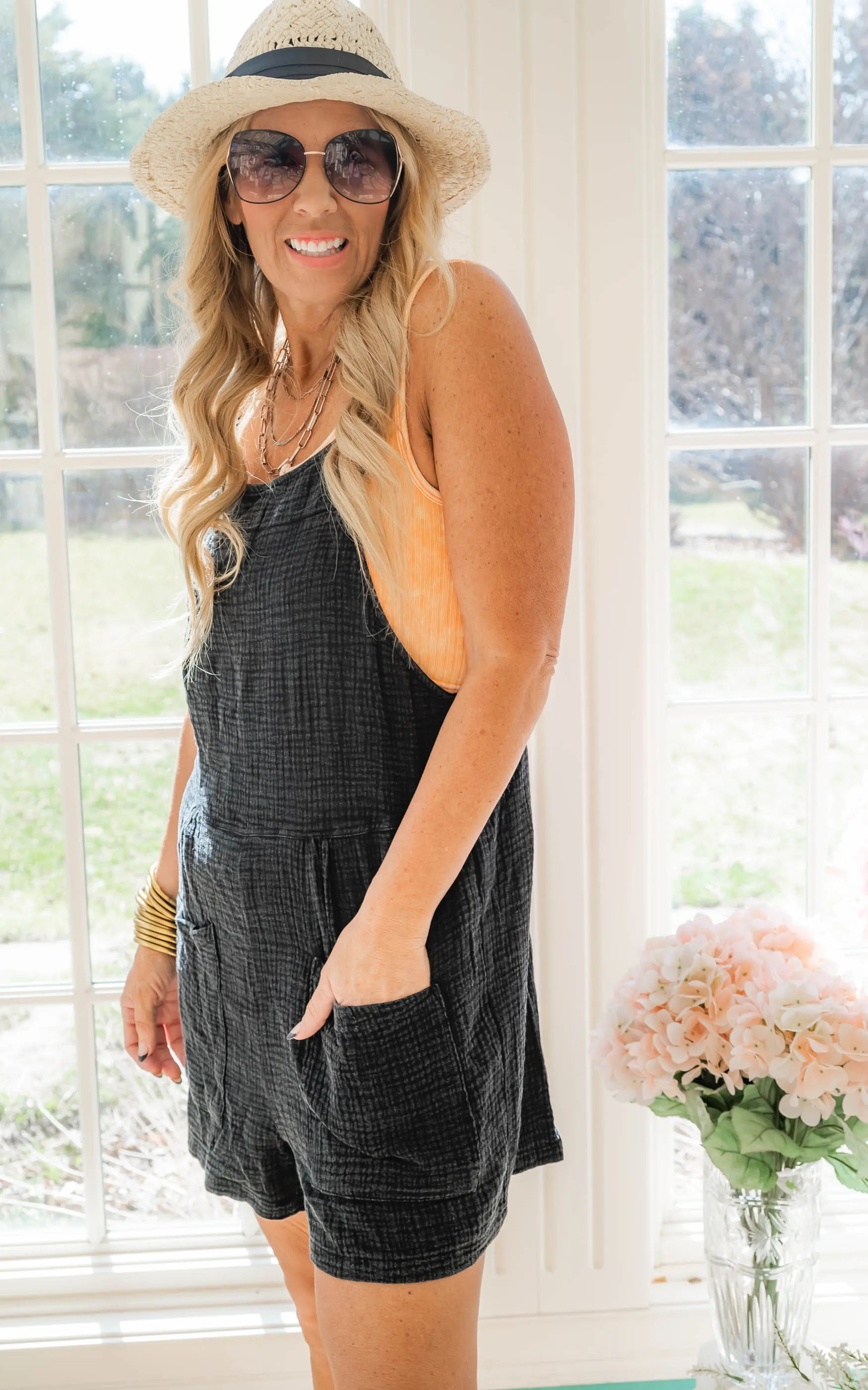 MINERAL WASHED POCKET ROMPER - ASH BLACK | FINAL SALE