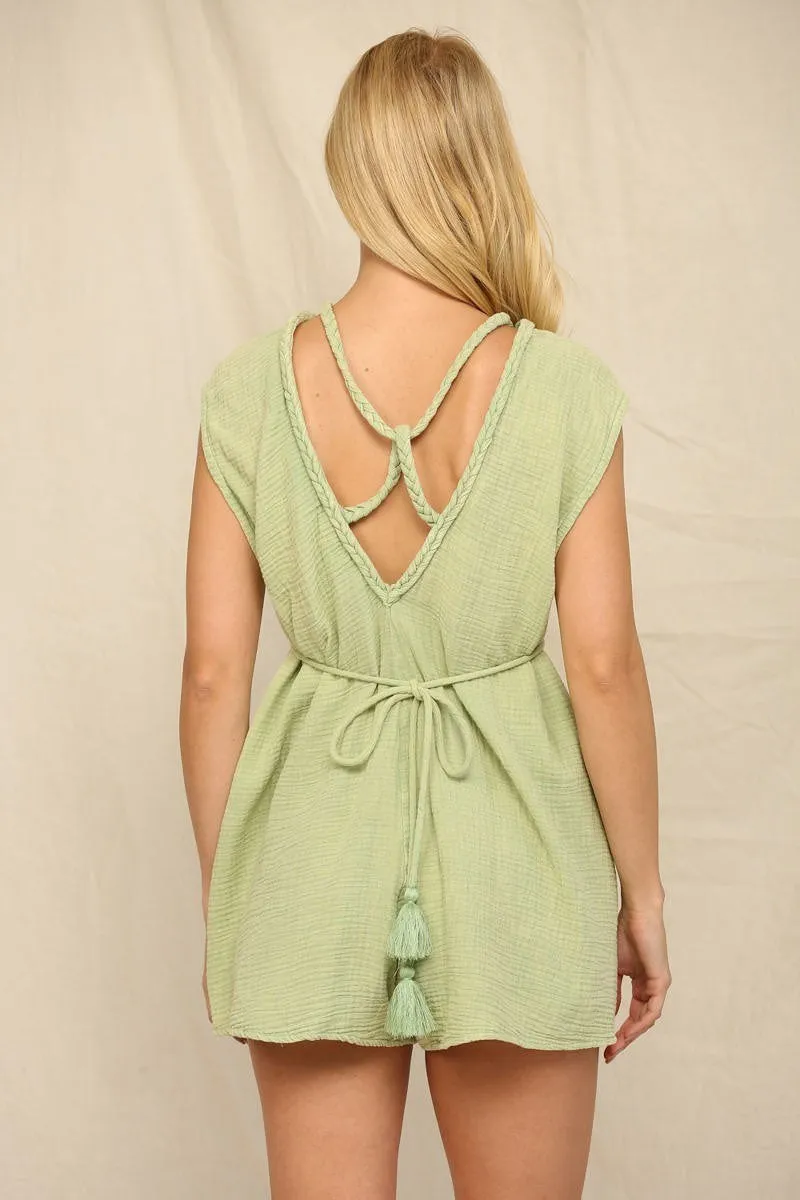 Mineral Washed Trim Neck Line Back Detail Romper