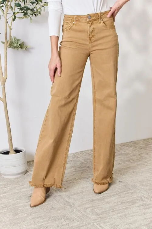 Mocha Color Fringed Hem Wide Leg Jeans