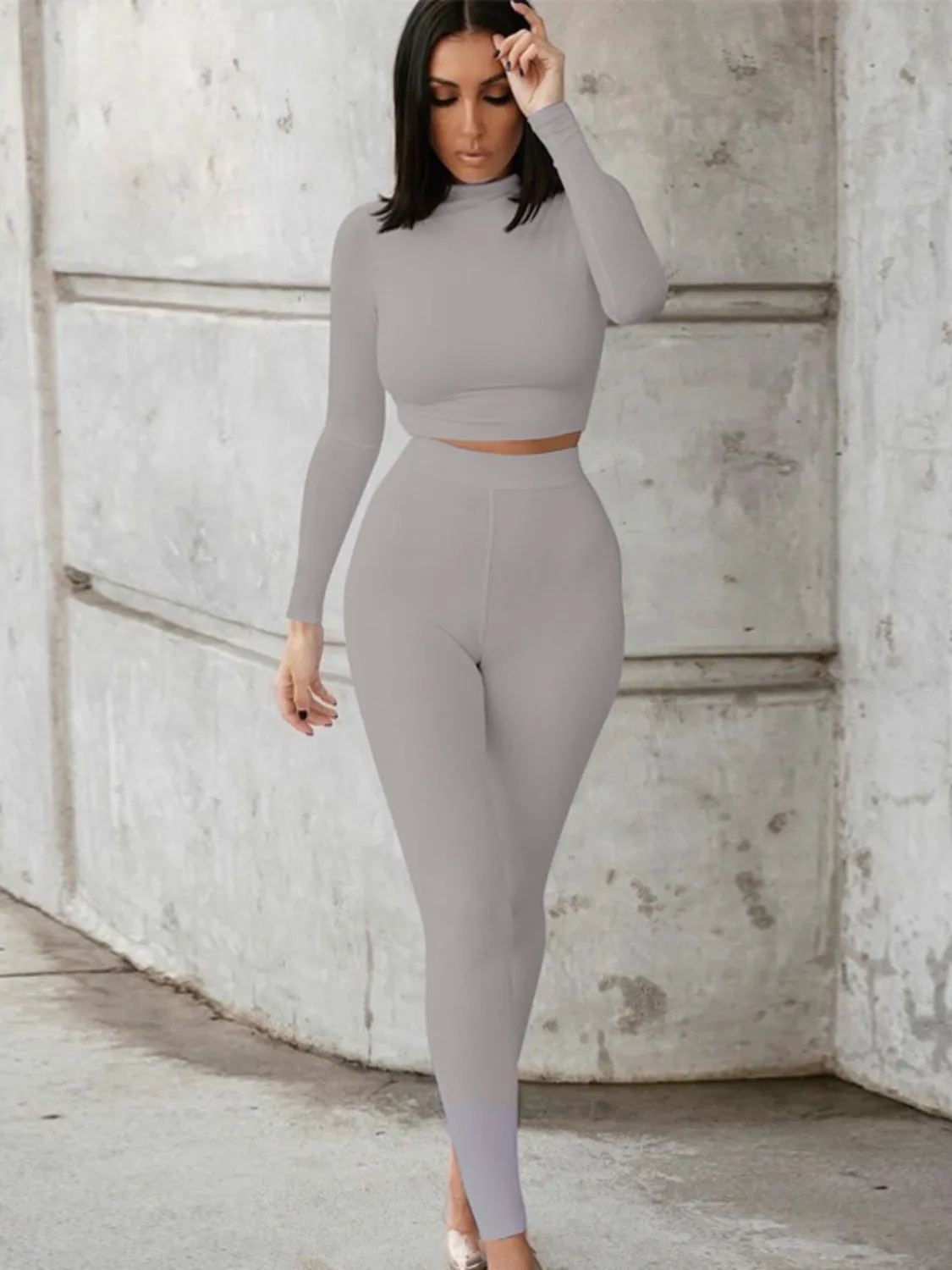 Mock Neck Long Sleeve Top & High Waist Pants Set