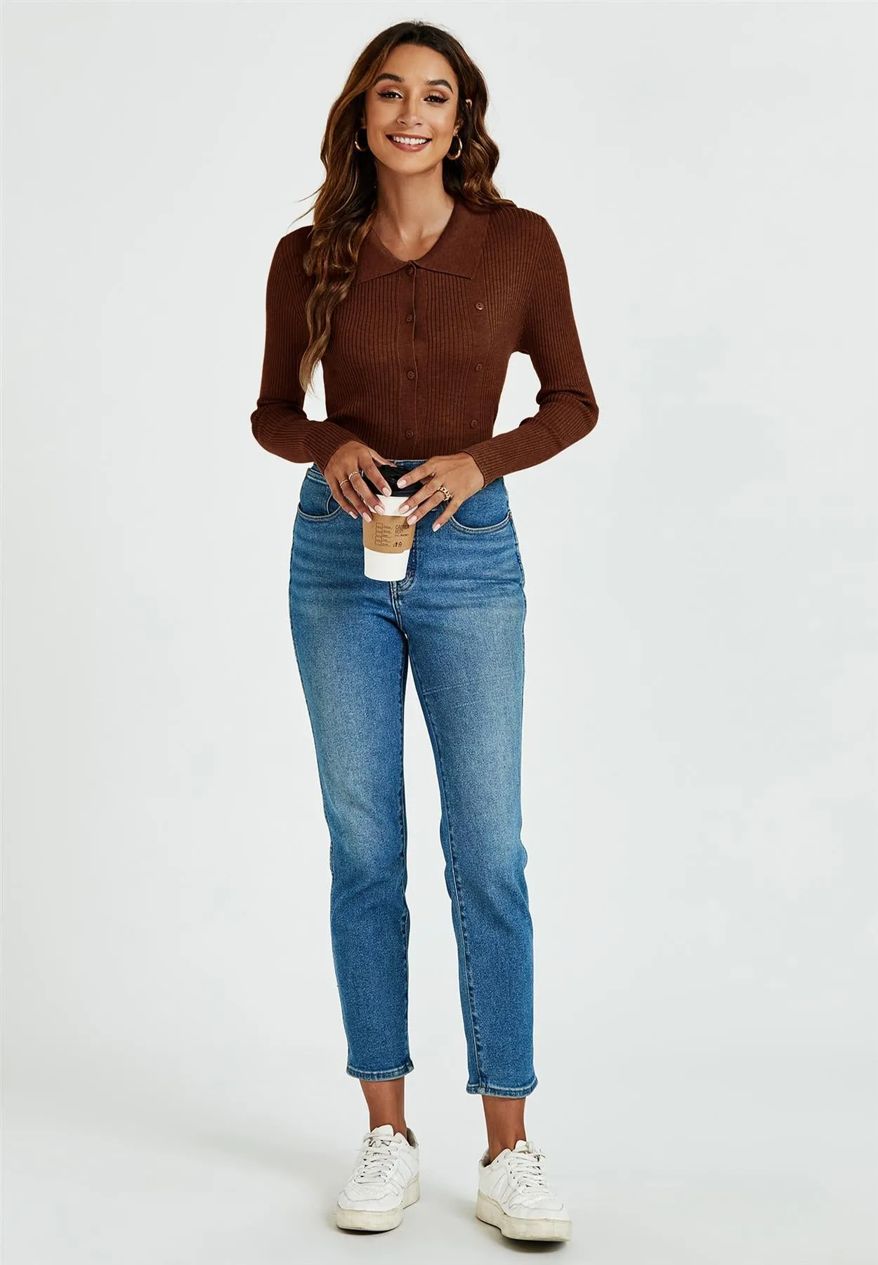 Morgan collar Double Breasted Knit Top In Brown