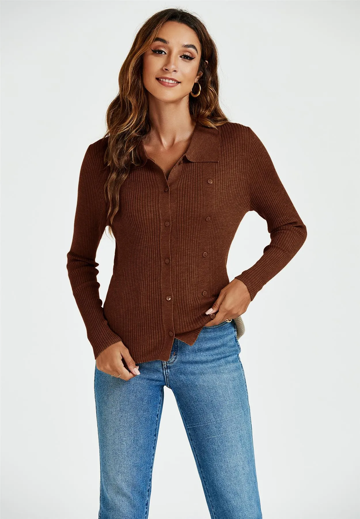 Morgan collar Double Breasted Knit Top In Brown