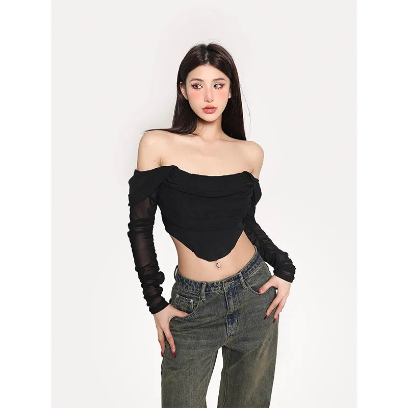 Nadina Solid Color Mesh Fishbone Corset Strap Off the Shoulder Long Sleeve Cropped Top