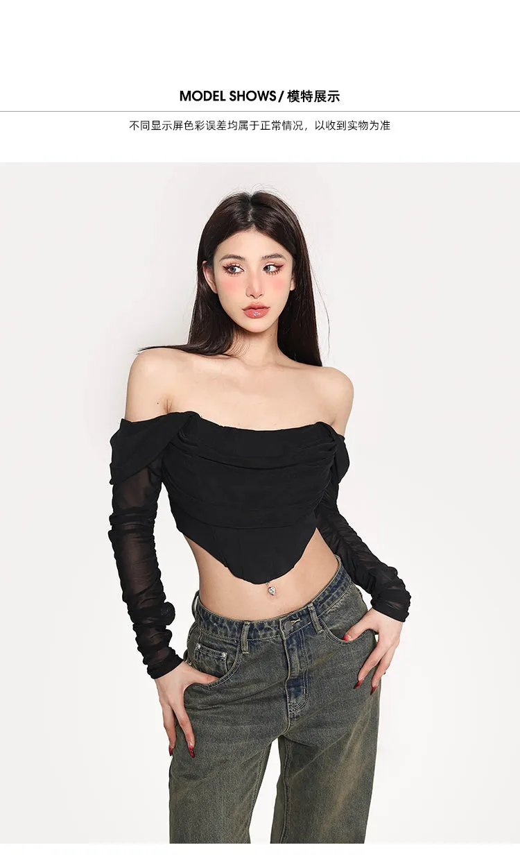 Nadina Solid Color Mesh Fishbone Corset Strap Off the Shoulder Long Sleeve Cropped Top